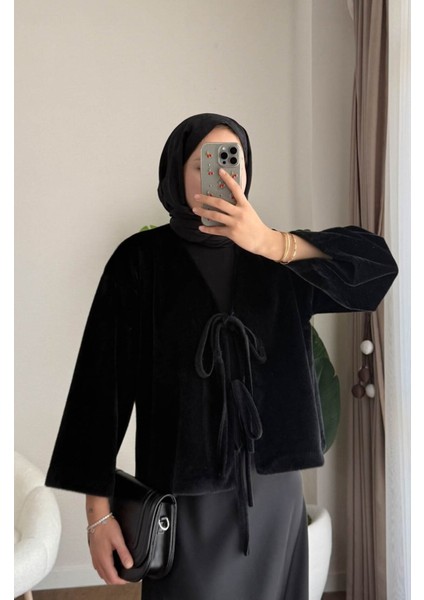 Kadın Ön Bağlamalı Fox Kumaş Kimono Ceket M25109 - Siyah