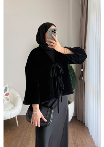 Kadın Ön Bağlamalı Fox Kumaş Kimono Ceket M25109 - Siyah fiyatları