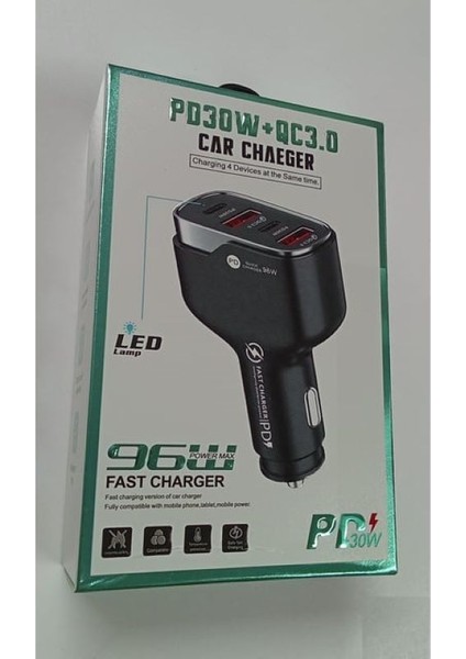 4 Port 2 USB + 2 Type C Araç Için Şarj Cihazı Çakmaklık Araç Içi Şarj Adaptörü 96W Hızlı Şarj