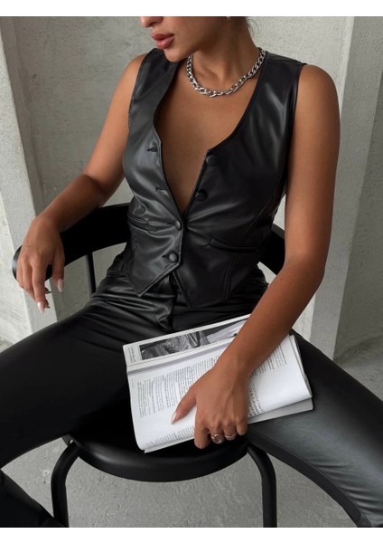 Drnds Kaplama Düğmeli Deri Yelek Siyah S24398 (Beden: S) indirimleri