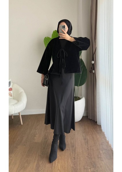 Kadın Ön Bağlamalı Fox Kumaş Kimono Ceket M25109 - Siyah modelleri