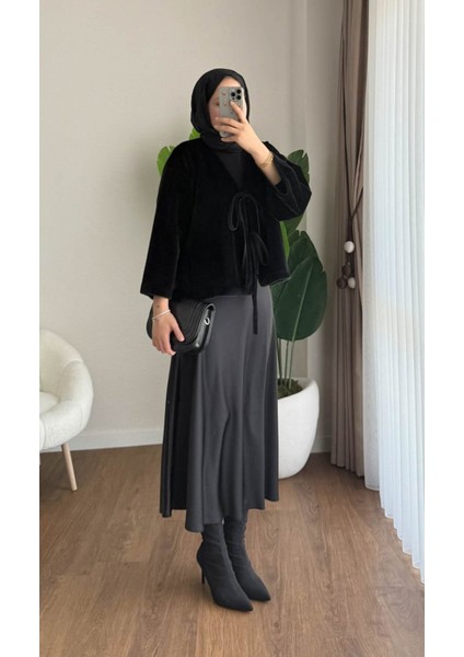 Kadın Ön Bağlamalı Fox Kumaş Kimono Ceket M25109 - Siyah fırsatları