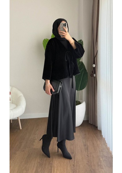 Kadın Ön Bağlamalı Fox Kumaş Kimono Ceket M25109 - Siyah indirimleri