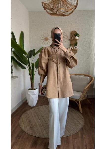 Kadın Balon Kol Dantel Detaylı Gömlek Tesettür - Camel