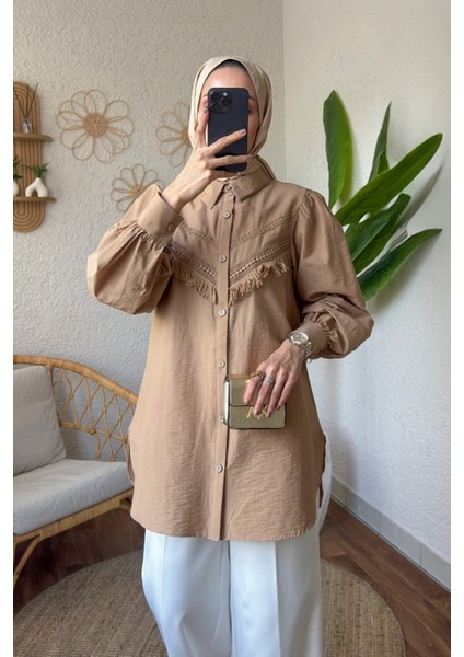 Kadın Balon Kol Dantel Detaylı Gömlek Tesettür - Camel fiyatları