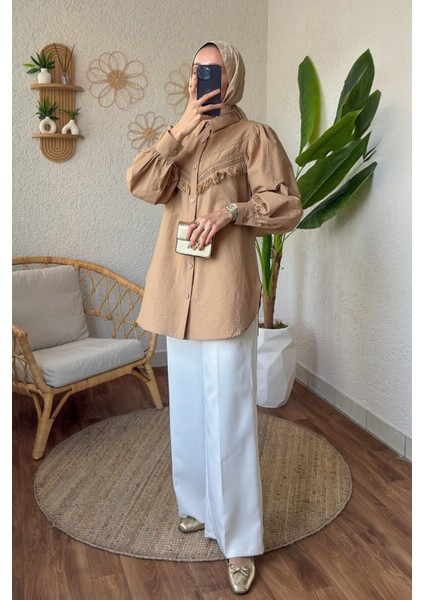 Kadın Balon Kol Dantel Detaylı Gömlek Tesettür - Camel modelleri