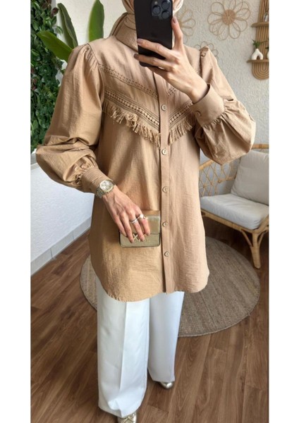 Kadın Balon Kol Dantel Detaylı Gömlek Tesettür - Camel fırsatları