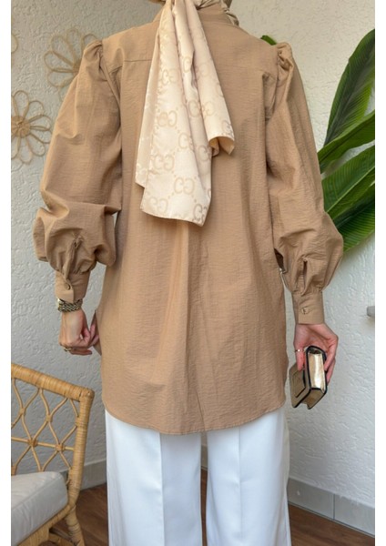Kadın Balon Kol Dantel Detaylı Gömlek Tesettür - Camel indirimleri