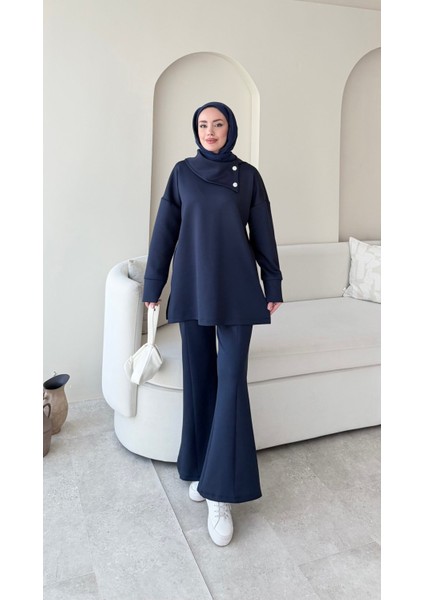 Kadın Taşlı Şal Yaka Ikili Scuba Takım M7083 - Lacivert