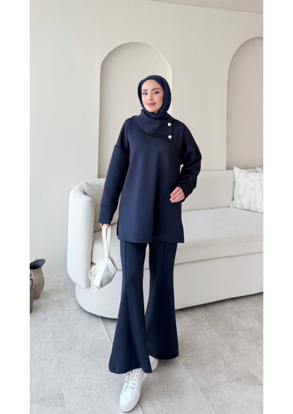 Kadın Taşlı Şal Yaka Ikili Scuba Takım M7083 - Lacivert modelleri
