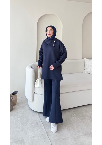 Kadın Taşlı Şal Yaka Ikili Scuba Takım M7083 - Lacivert fırsatları