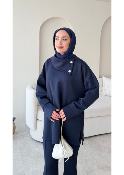 Kadın Taşlı Şal Yaka Ikili Scuba Takım M7083 - Lacivert indirimleri