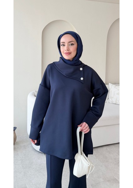 Kadın Taşlı Şal Yaka Ikili Scuba Takım M7083 - Lacivert