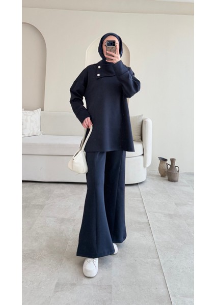 Kadın Taşlı Şal Yaka Ikili Scuba Takım M7083 - Lacivert