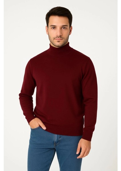 Erkek Yarım Boğaz Triko Kazak Yumuşak Dokulu Pamuklu Ince Dokuma, Uzun Kollu Rahat Regular Kalıp - Bordo