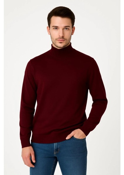 Erkek Yarım Boğaz Triko Kazak Yumuşak Dokulu Pamuklu Ince Dokuma, Uzun Kollu Rahat Regular Kalıp - Bordo fiyatları