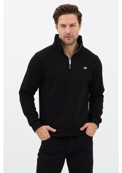Regular Fit Dik Yaka Pamuklu Unisex Yarım Fermuarlı Nakışlı Sweatshirt Siyah - 2xl