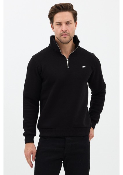 Regular Fit Dik Yaka Pamuklu Unisex Yarım Fermuarlı Nakışlı Sweatshirt Siyah - 2xl modelleri