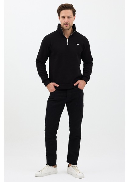 Regular Fit Dik Yaka Pamuklu Unisex Yarım Fermuarlı Nakışlı Sweatshirt Siyah - 2xl fırsatları