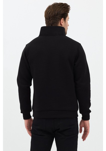 Regular Fit Dik Yaka Pamuklu Unisex Yarım Fermuarlı Nakışlı Sweatshirt Siyah - 2xl