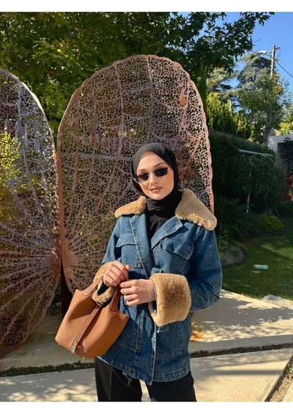 Kadın Yaka Kürk Detay Kot Ceket Koyu Mavi - M81185