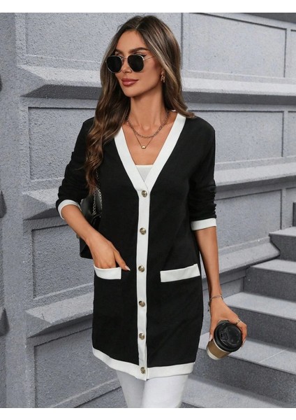 Kadın Uzun Kollu Cepli Önden Düğmeli Uzun Modal Ceket
