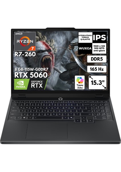 Legion 5 15AHP10 Ryzen 7 260 8-Gbddr5 2 Tbssd RTX5060(8GB-115W-GDDR7) 15.3" Wuxga 165Hz Freedos Taşınabilir Bilgisayar 83M00070TRAT4
