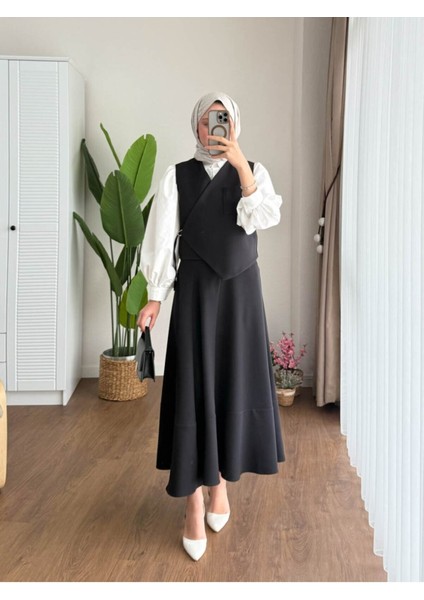 Kadın Yandan Bağlamalı Yelek Etek Takım M2502 - Siyah