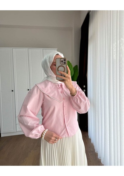 Kadın Etek Üstü Bebe Yaka Incili Pembe Gömlek