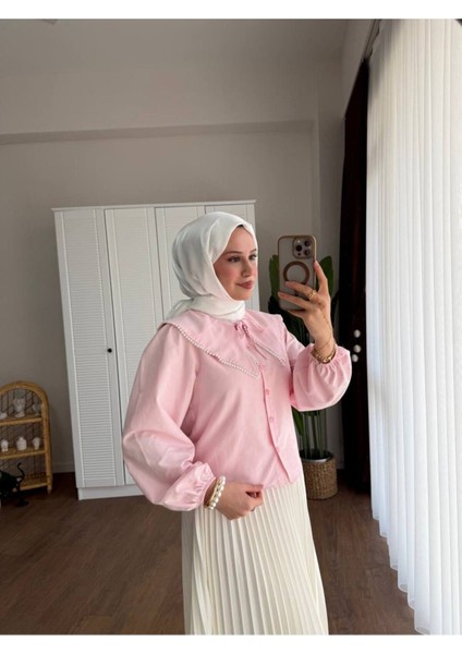 Kadın Etek Üstü Bebe Yaka Incili Pembe Gömlek fiyatları