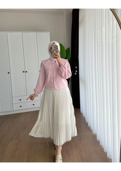 Kadın Etek Üstü Bebe Yaka Incili Pembe Gömlek modelleri