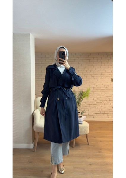 Kadın Ceket Yaka Kol Detaylı Trençkot Lacivert