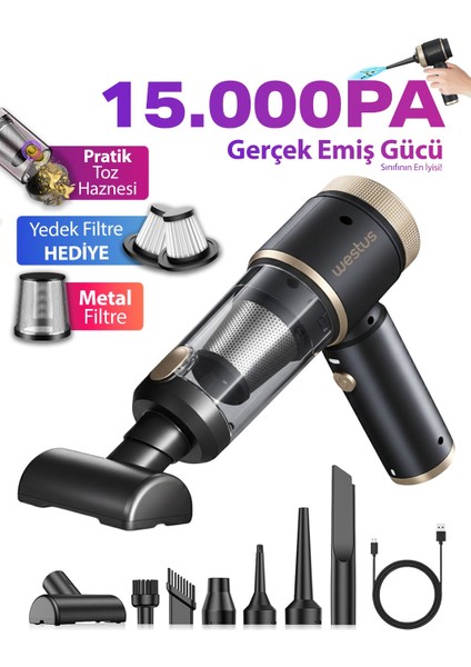 15000PA Güçlü Vakumlu Kablosuz Üflemeli LED Işıklı Araç Süpürgesi - El Süpürgesi - Yeni 2025