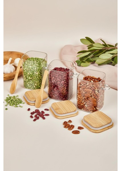 3’lü Kaşıklı Cam Kavanoz Seti Baharatlık Saklama Kavanozu 550 ml