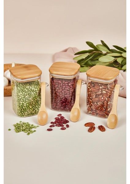 3’lü Kaşıklı Cam Kavanoz Seti Baharatlık Saklama Kavanozu 550 ml fiyatları