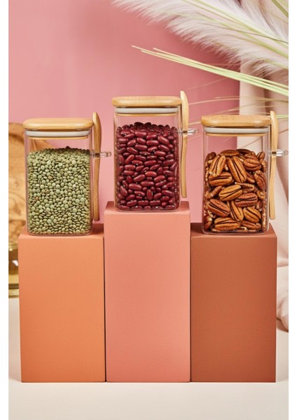 3’lü Kaşıklı Cam Kavanoz Seti Baharatlık Saklama Kavanozu 550 ml modelleri