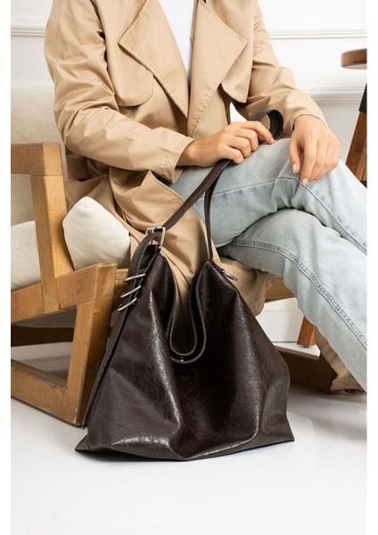 Kadınhalka Detay Büyük Boy El Kol Omuz Çantası Yumuşak Deri Vintage Model Kahverengi fiyatları