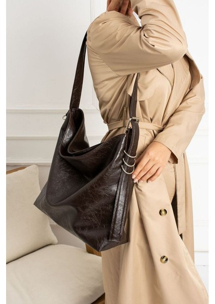 Kadınhalka Detay Büyük Boy El Kol Omuz Çantası Yumuşak Deri Vintage Model Kahverengi modelleri