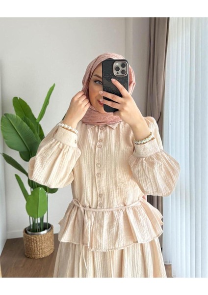 Kadın Fırfır Gömlekli Etekli Takım M2512 - Bej indirimleri