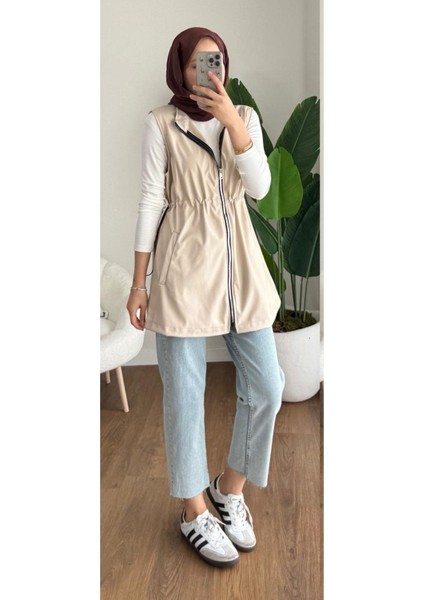 Kadın Fermuarlı Deri Yelek M2481 - Bej