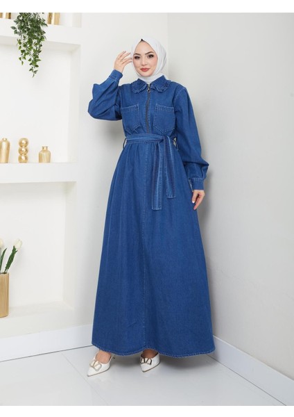 Kadın Fermuar Detaylı Tesettür Kot Elbise