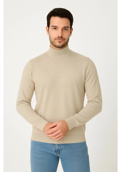 Yarım Boğaz Triko Kazak Yumuşak Dokulu Pamuklu Ince Dokuma, Uzun Kollu Rahat Regular Kalıp - Bej