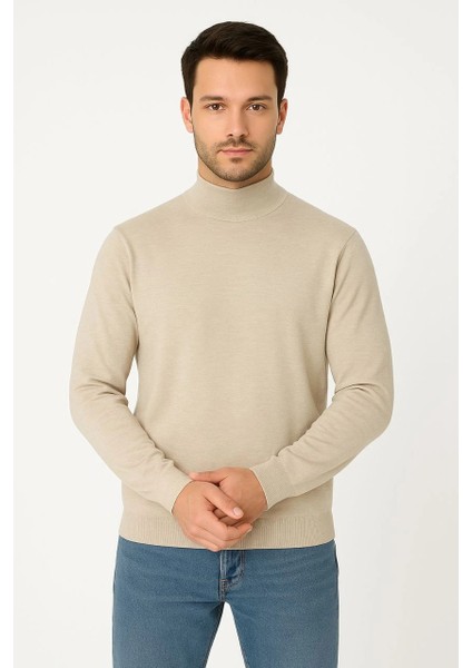 Yarım Boğaz Triko Kazak Yumuşak Dokulu Pamuklu Ince Dokuma, Uzun Kollu Rahat Regular Kalıp - Bej fiyatları