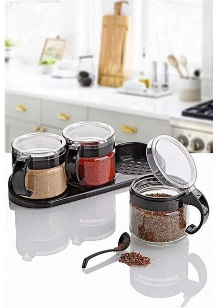 Siyah 3lü Standlı Kapaklı Kaşıklı Cam Hava Sızdırmaz Baharatlık Takımı KC-386 indirimleri