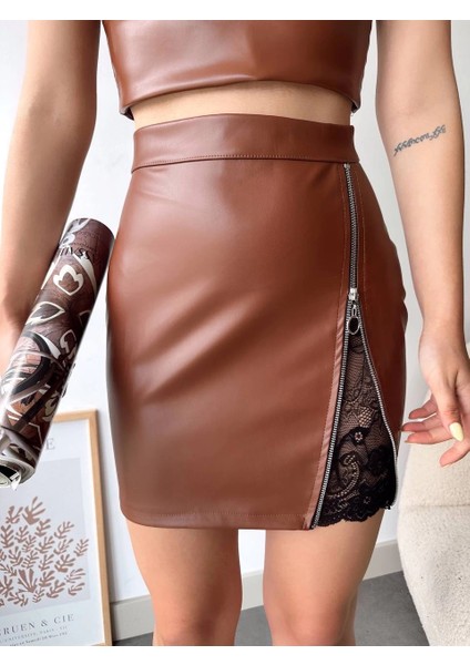 Drnds Dantelli Fermuarlı Deri Etek Kahve W24598 (Beden: M) fırsatları