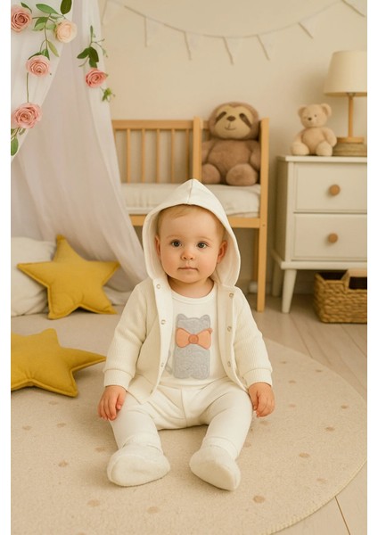Tavşan Nakışlı Kapüşonlu 3'lü Bebe Takımı
