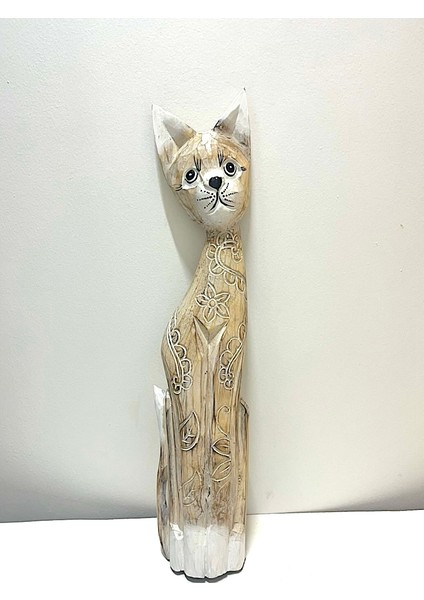 Ahşap Dekoratif Kedi 100 cm Büyük A.kahve Otantik El Yapımı Biblo