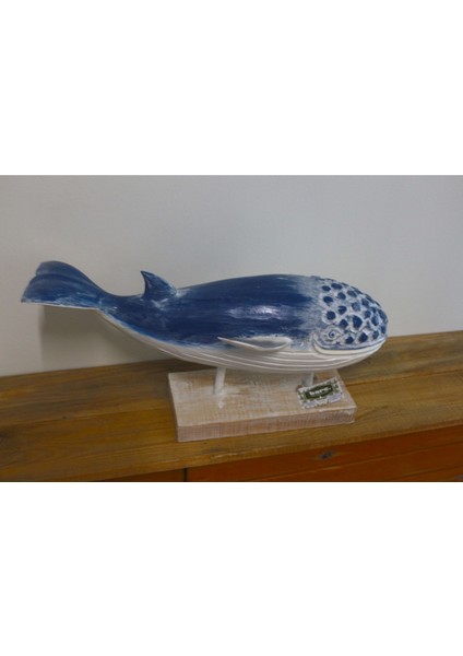 Ahşap Dekoratif Mavi Balina 60 cm El Yapımı Otantik Obje