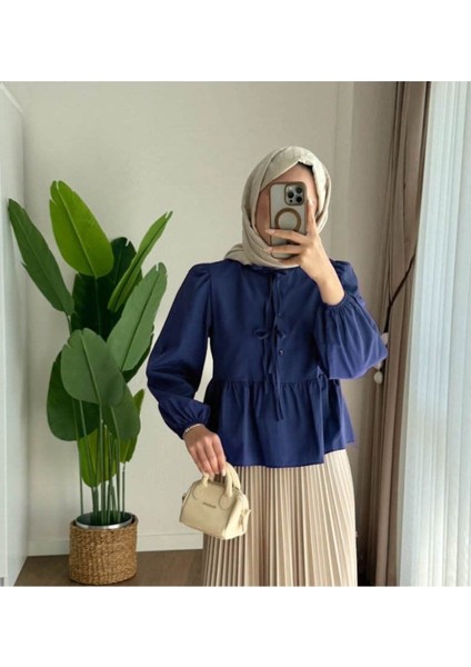 Kadın Balon Kol Etek Üstü Gömlek M1111 - Lacivert