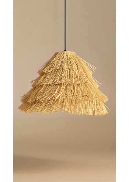 El Yapımı Konik Saçaklı Rafya Hasır Bohem Rustik Avize Kafe, Balkon, Salon Sarkıt Avize (40CM)